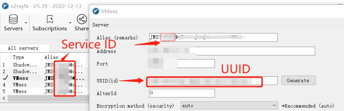 在V2ray软件中如何查找Just My Socks服务的Service ID 和 UUID 在V2ray软件中如何查找Just My Socks服务的Service ID 和 UUID